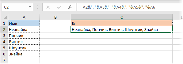 & (амперсанд) для объединения ячеек Excel 