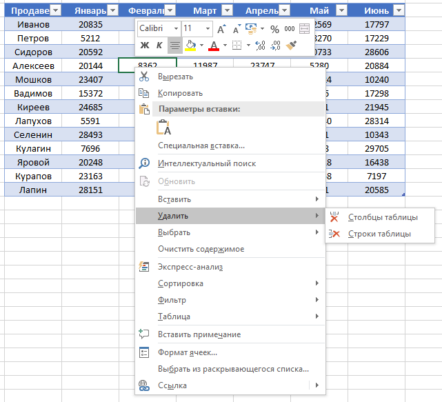 Как удалить строку в Excel 
