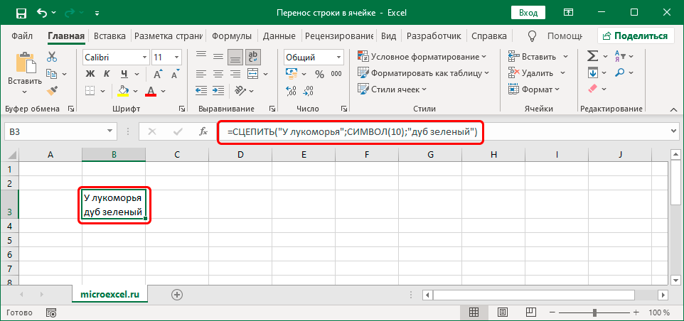 Результат разрыва строки в ячейке Excel с помощью функции СЦЕПИТЬ
